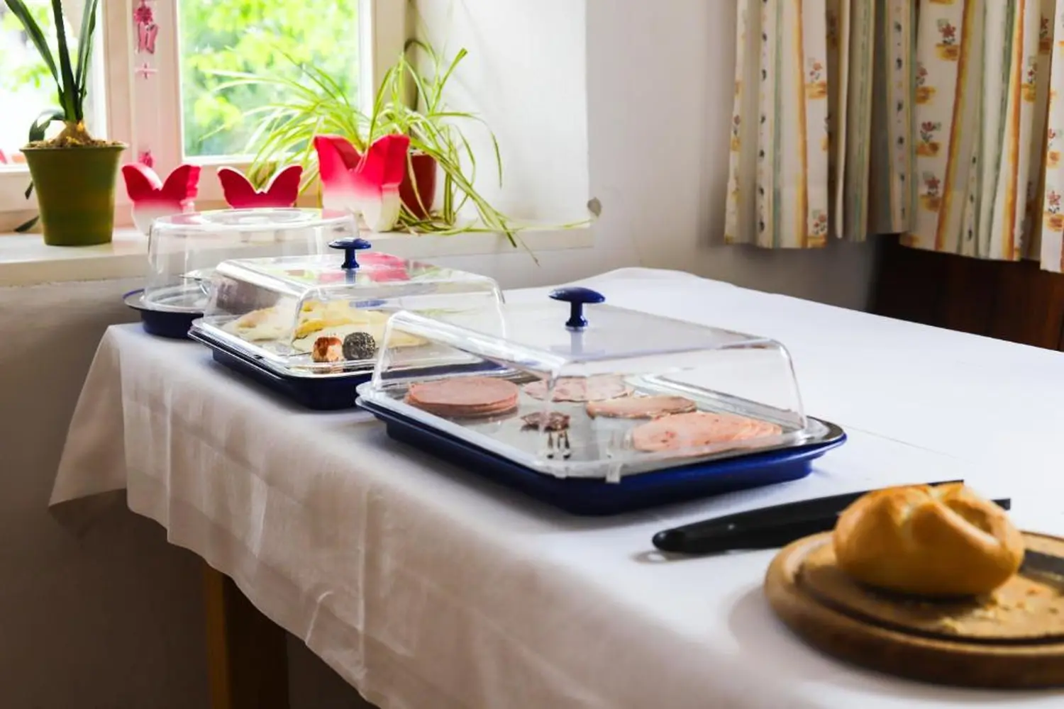 Zur Auszeit - Tabletts mit Köstlichkeiten mit Glasdeckeln, auf weißem Tisch